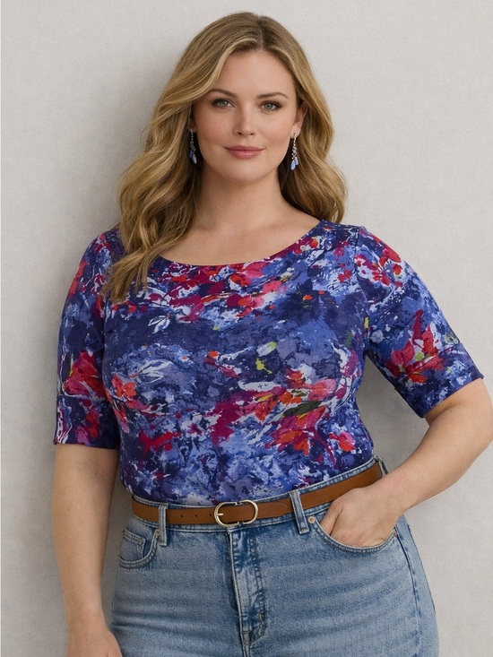 Lauren Ralph Lauren Tops - Lauren Ralph Lauren Women's Print Stretch Cotton Boatneck Tee Top Blue Multi XXL